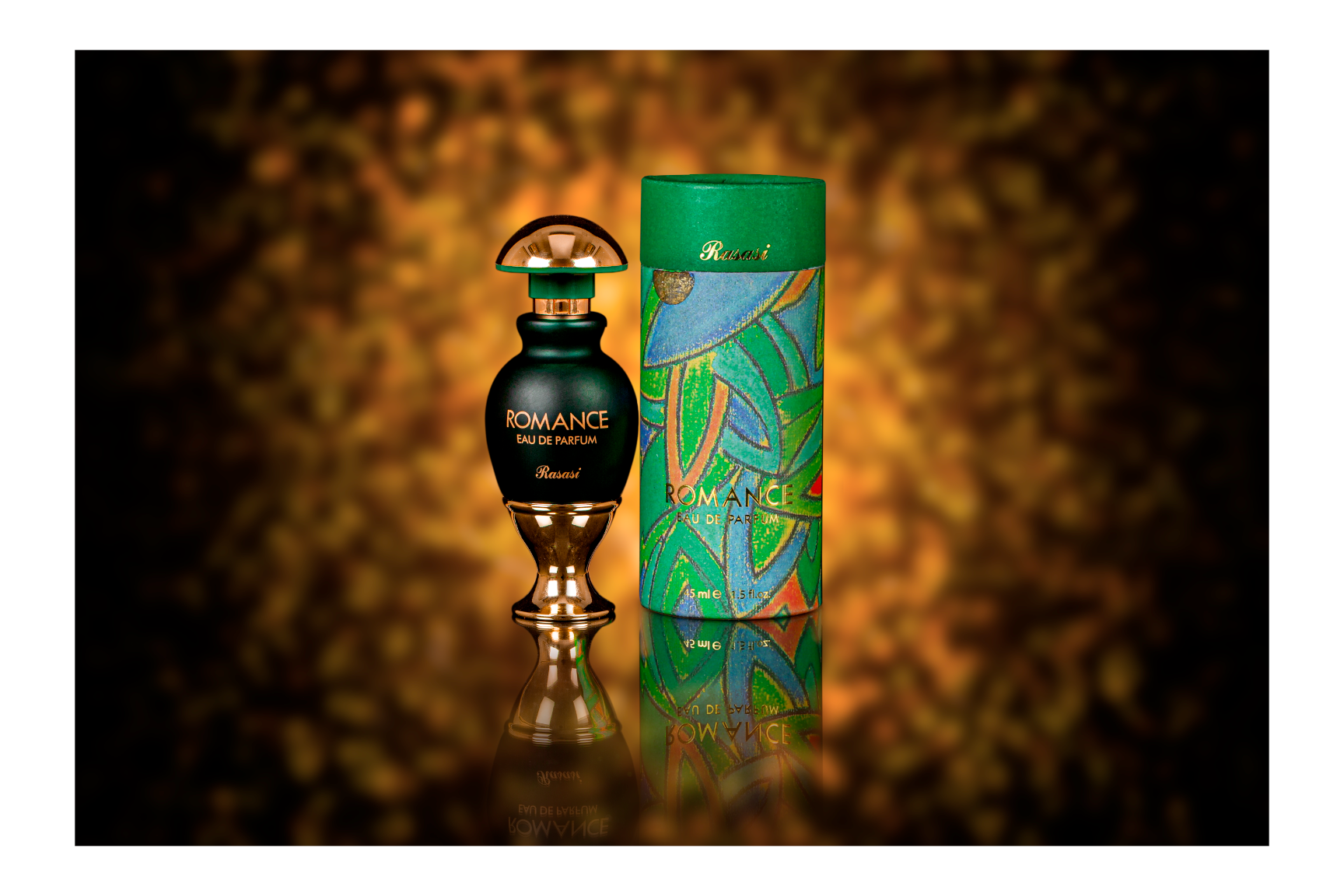 Ad film & video production showcasing the elegant 'Romance Eau de Parfum' by Rasasi with a beautifully lit bottle and packaging
