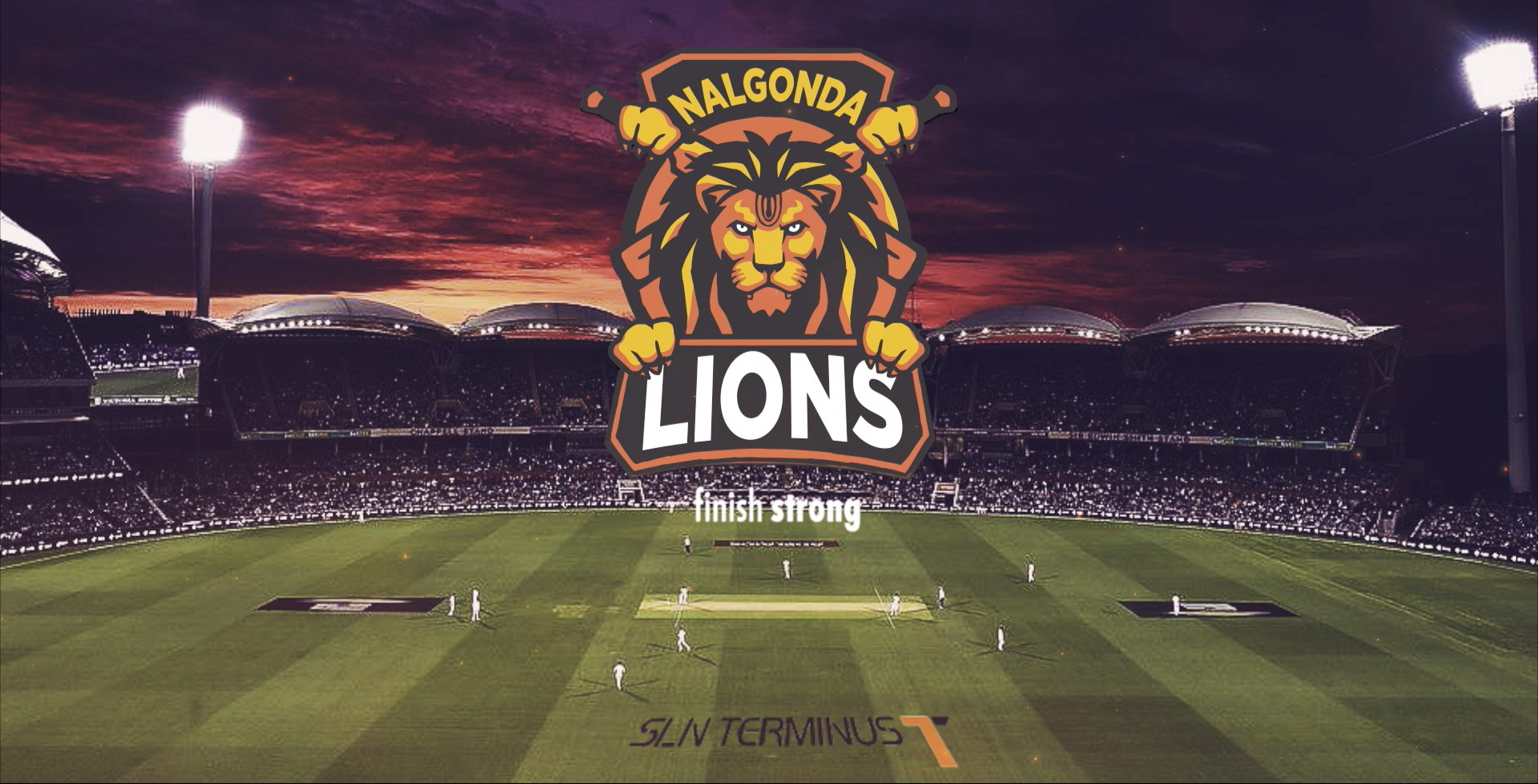 BVisuals- Ad film & video production showcasing Nalgonda Lions team logo and a cricket stadium with a powerful sunset backdrop.