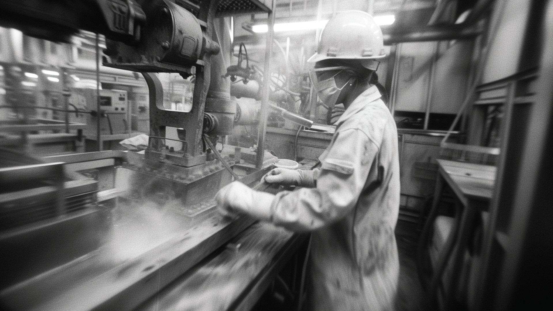 Black and white industrial photography capturing a factory worker in protective gear operating heavy machinery in a manufacturing environment.