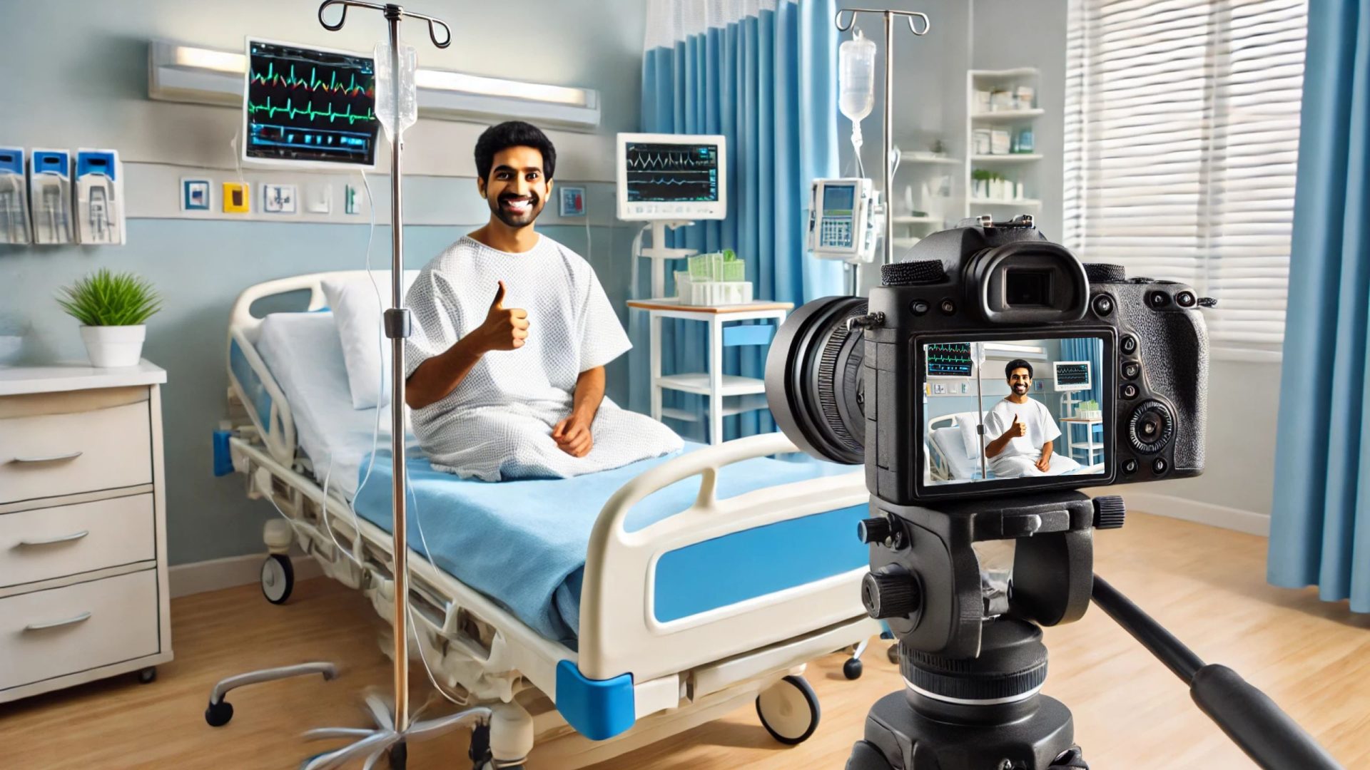 Commercial ad. A heartwarming scene of a satisfied Indian patient giving a thumbs-up gesture while sitting comfortably on a hospital bed, captured by a professional camera in a modern and well-equipped hospital room.